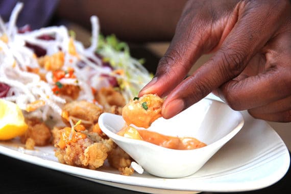 Fried shrimp and calamari dipped in a creamy sauce and served at Ko restaurant in Maui