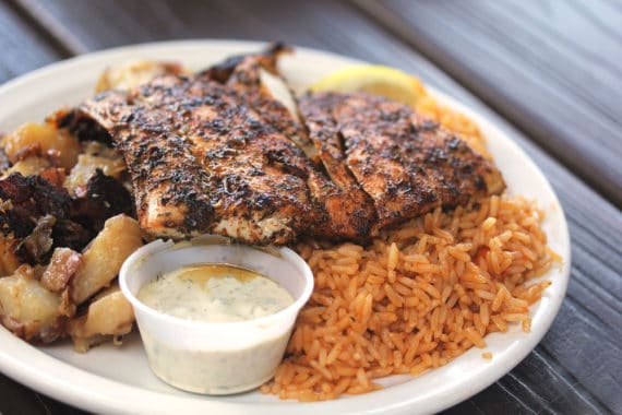 Grilled mahi mahi fish with potatoes and rice served at Paia Fish Market