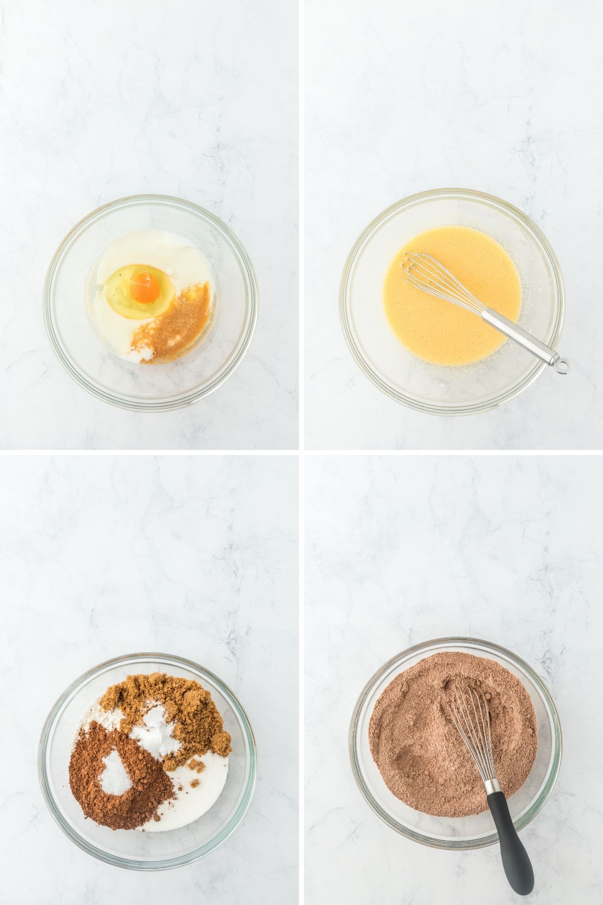 a collage of wet ingredients being whisked in a clear bowl and dry ingredients being whisked together on a white background