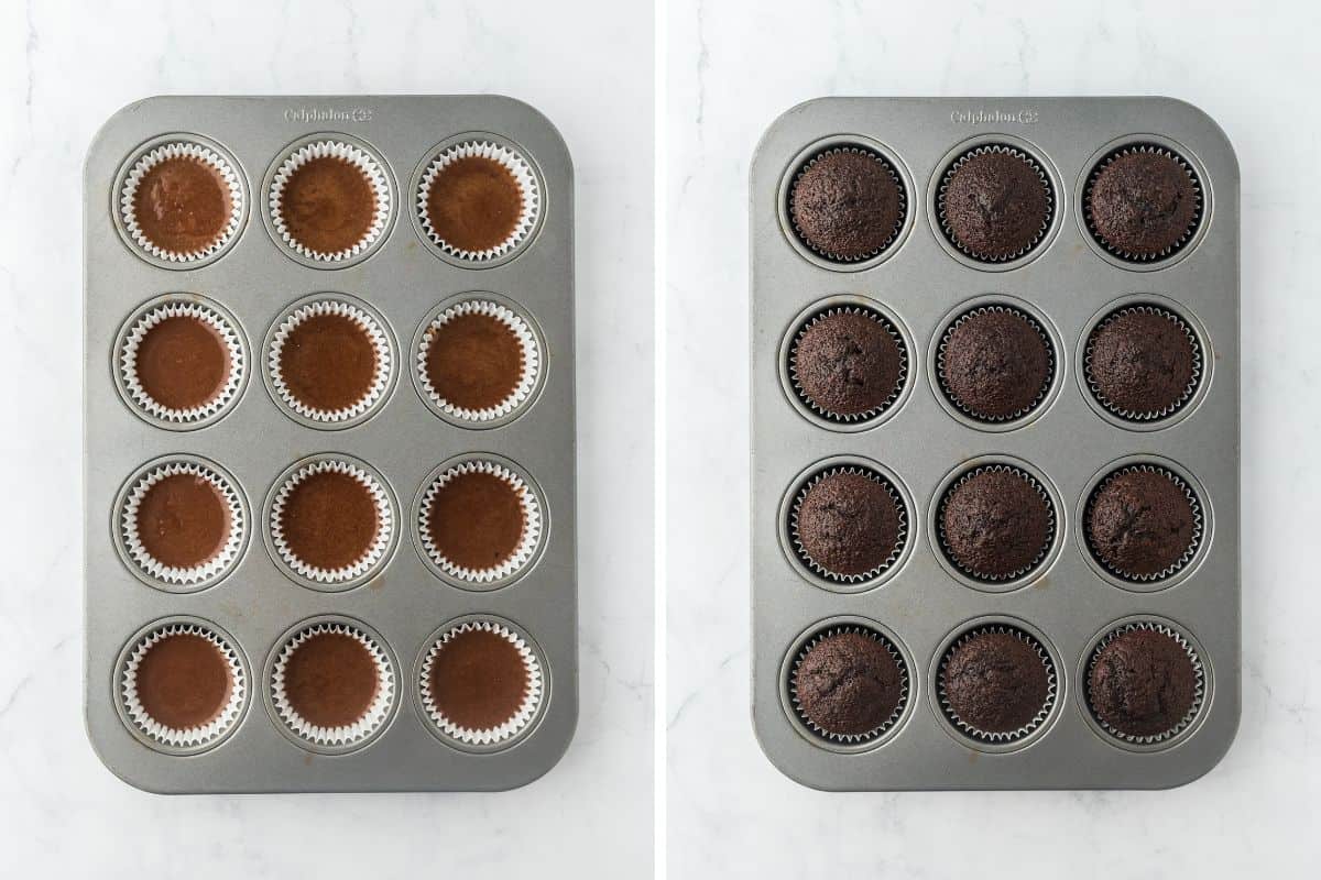 a collage of chocolate cupcake batter in a muffin pan before and after baking