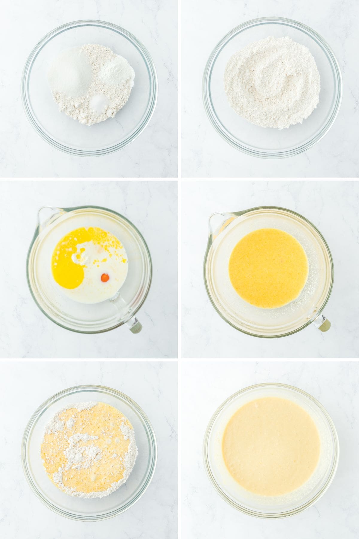 A collage showing the steps for mixing the pancake batter.