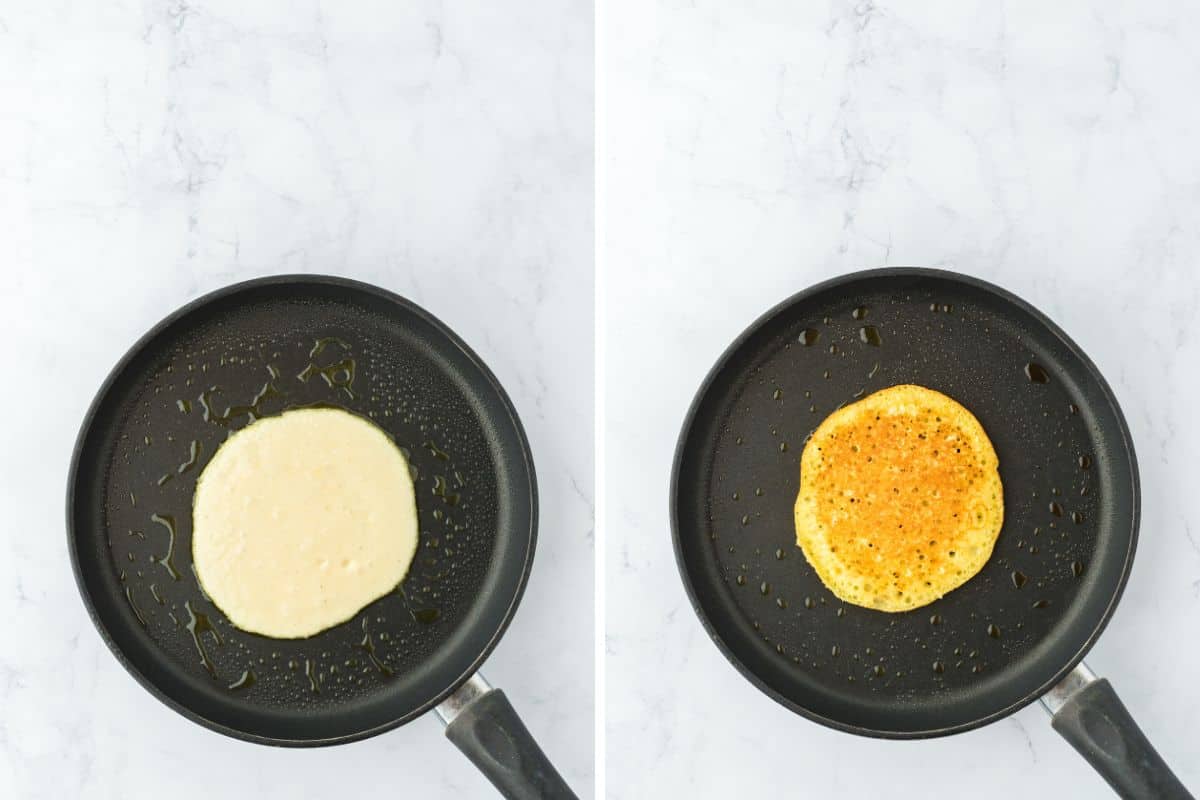 A collage of a pancake poured into the pan and then after flipping.