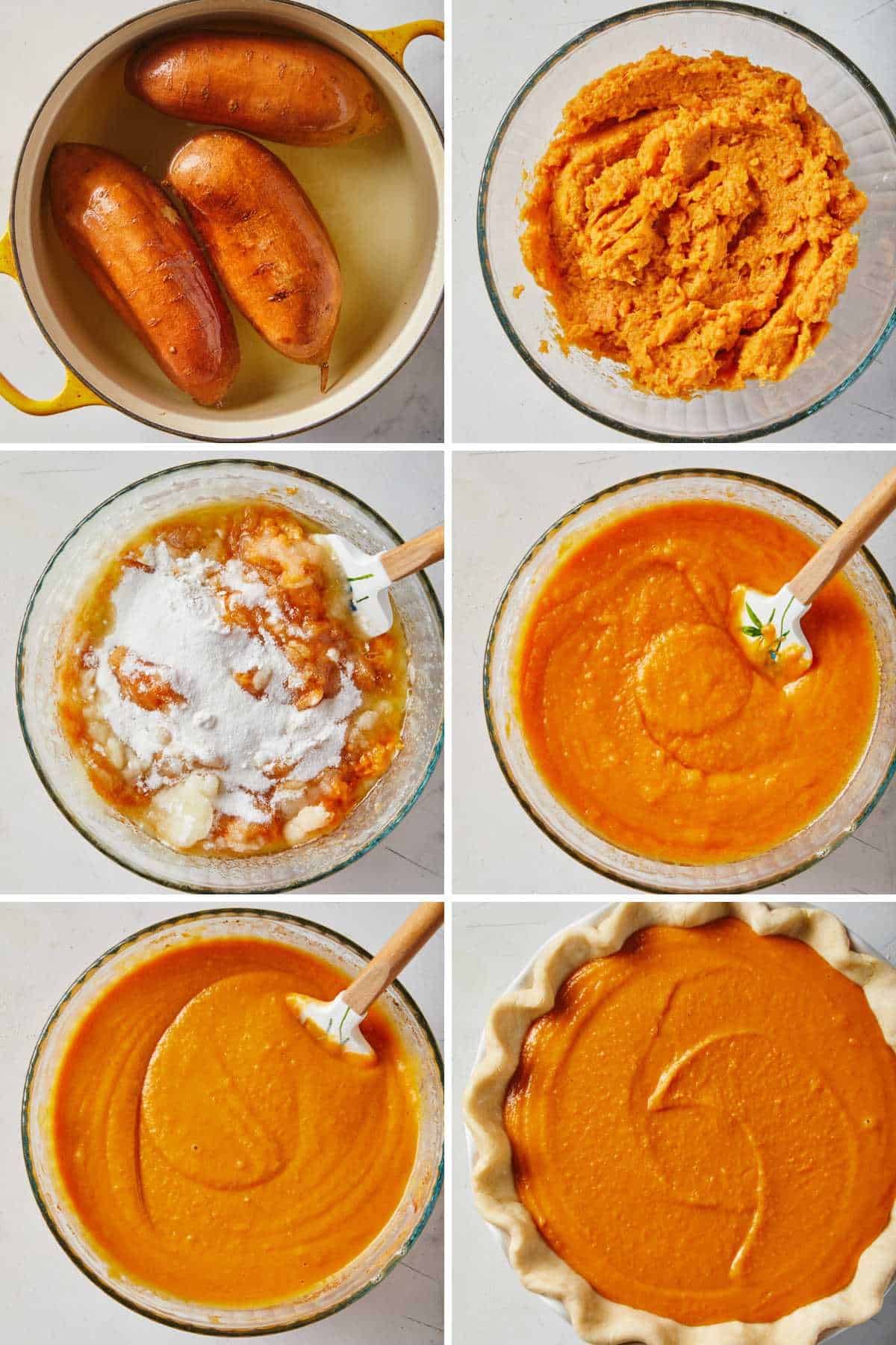 Collage of images showing cooking the sweet potatoes and peeling them.