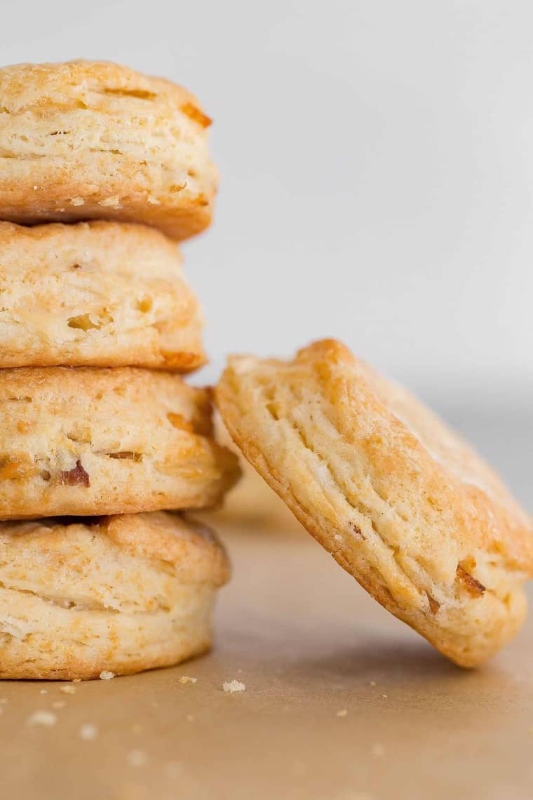 A close up of Cheddar Biscuits stacked and ready to serve