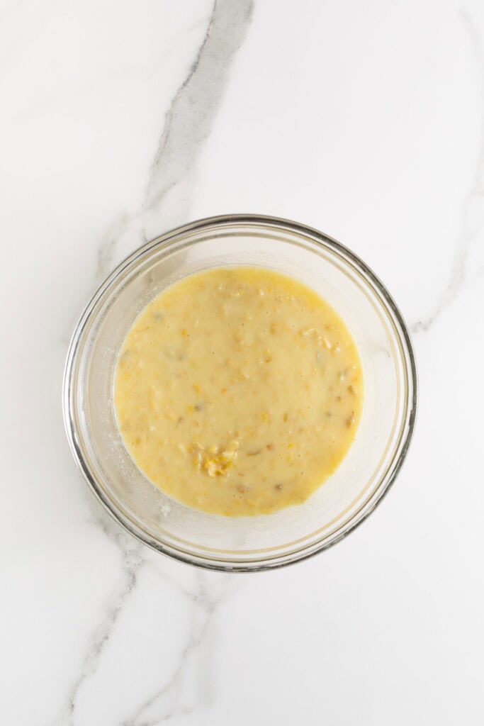 Creamed corn, eggs, buttermilk and chiles and melted butter mixed together