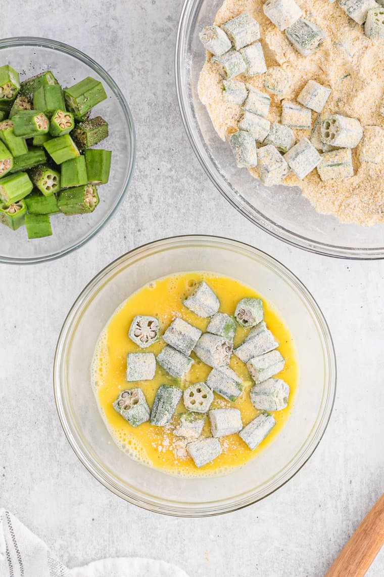 Breaded okra in an egg bath