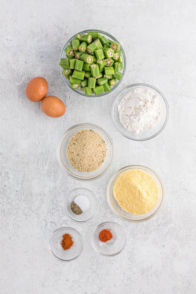 Cornmeal, spices, flour eggs, breadcrumbs and chopped okra before preparing