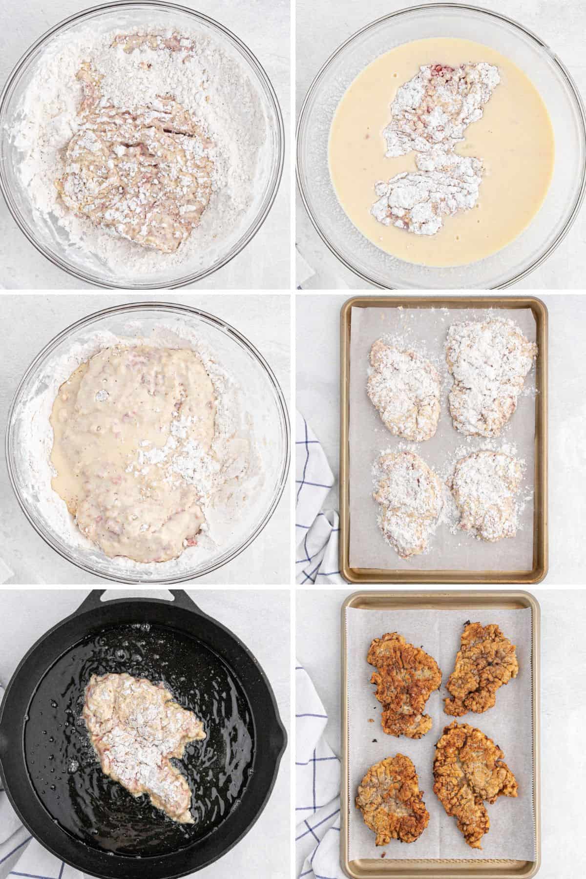 Steak being dredged in dry ingredients and wet ingredients to fry