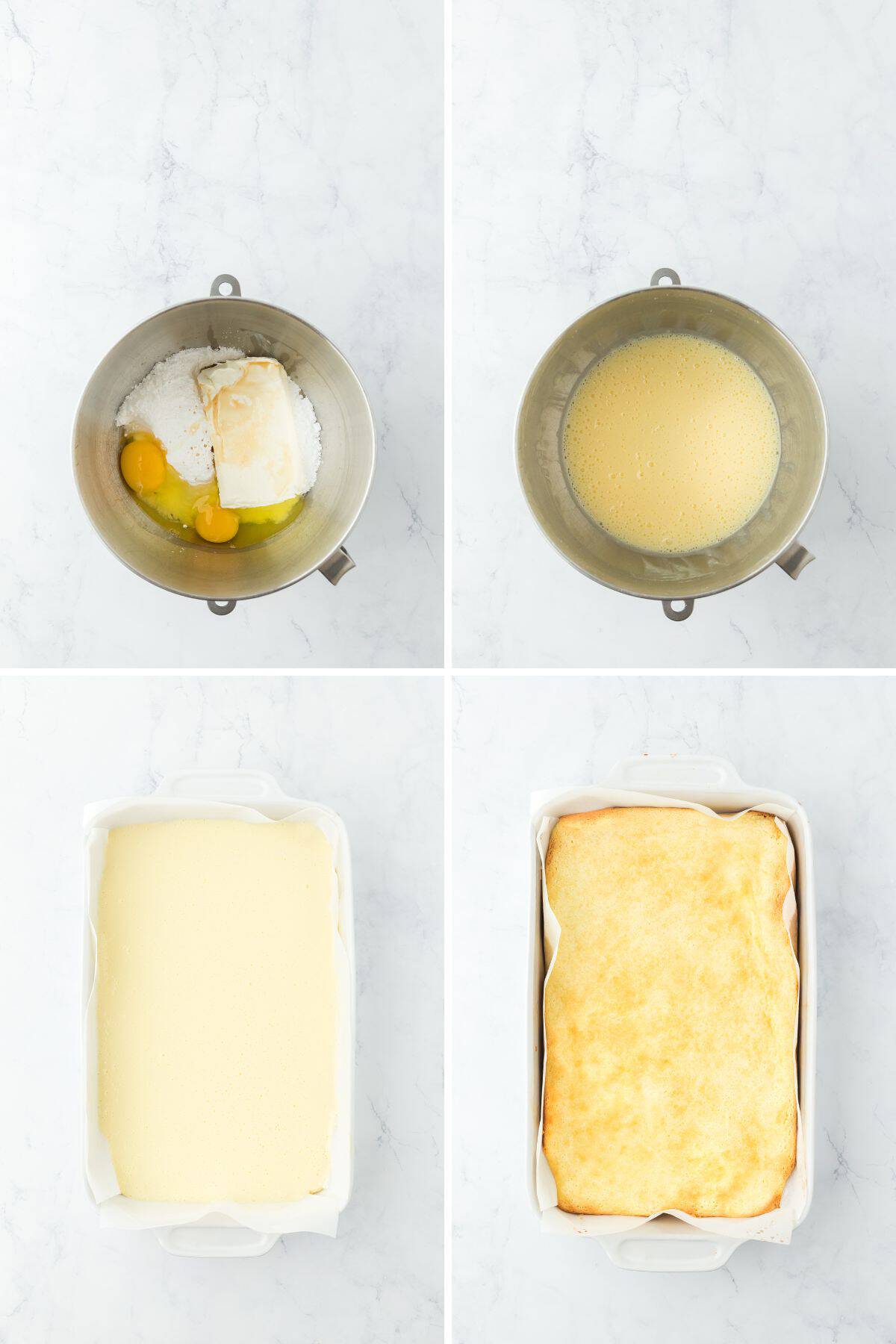 A collage of gooey butter cake topping being mixed until smooth then being poured on top of cake bottom layer then baked