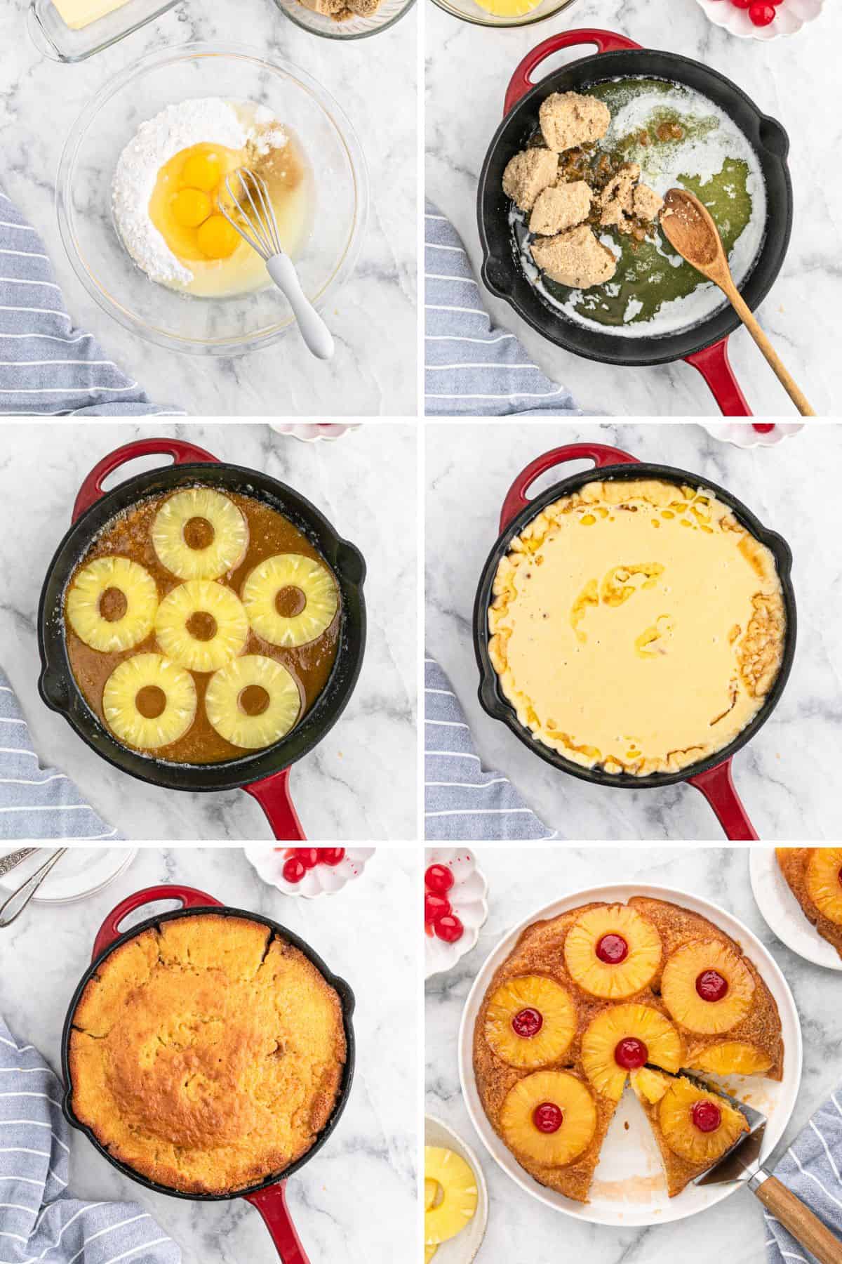 A collage showing each step in making an upside down pineapple cake.