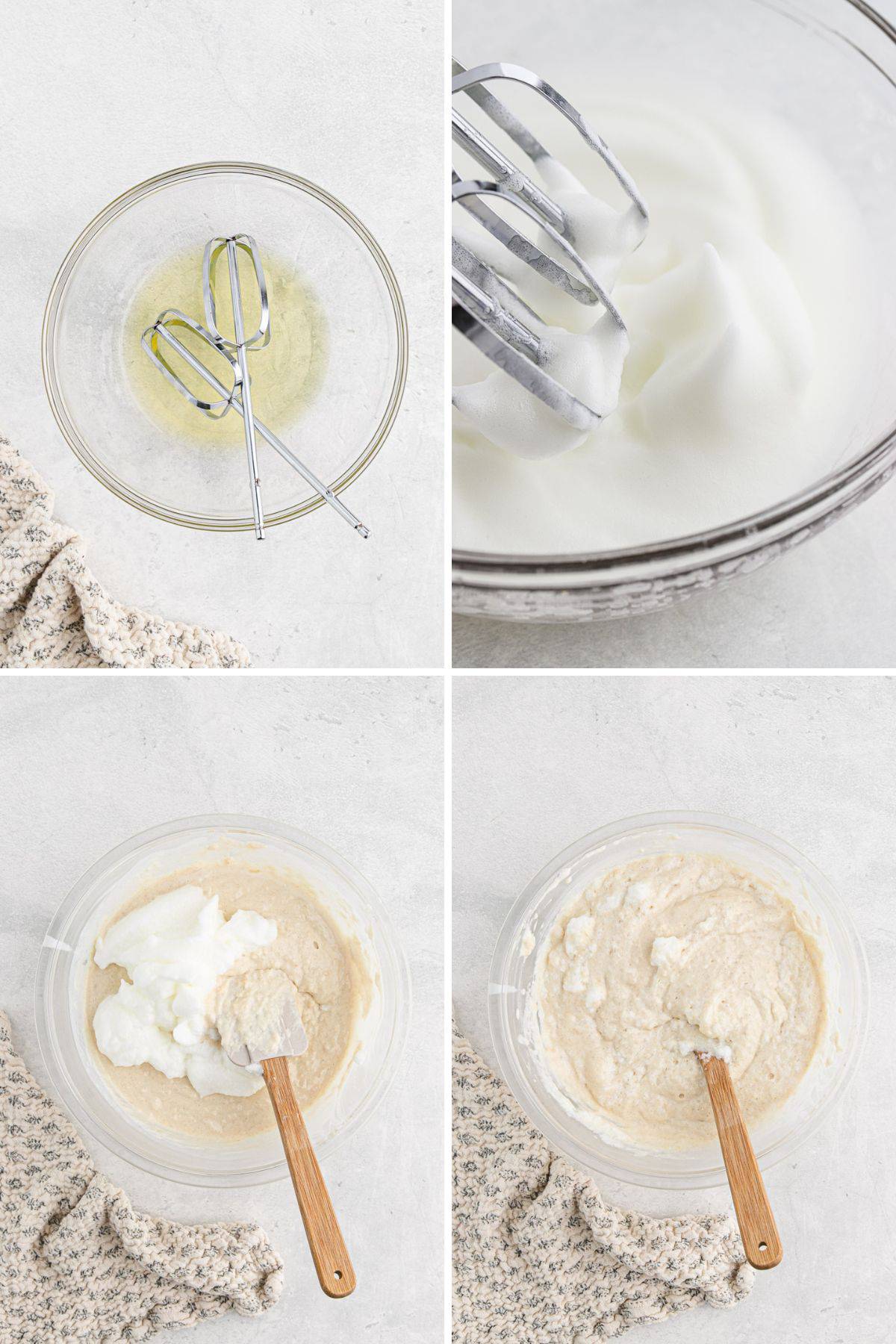 A collage showing beating the egg whites and then adding to the buttermilk waffle batter.