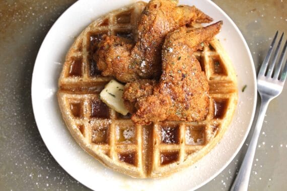 Fried chicken waffles in a top down shot ready to