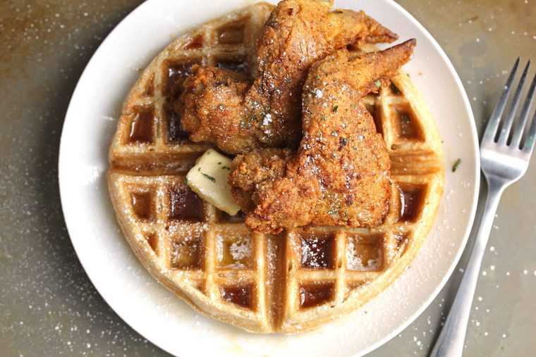 Fried chicken waffles in a top down shot ready to