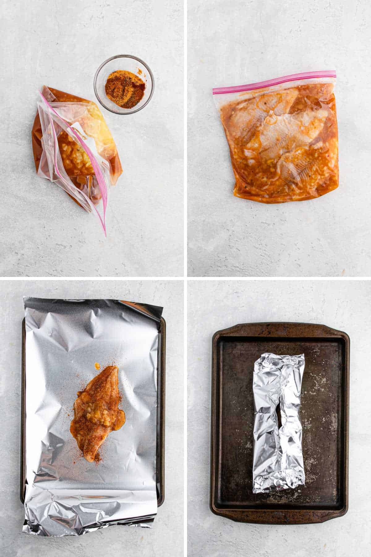 Steps to make grilled catfish from marinating the catfish to wrapping in foil.