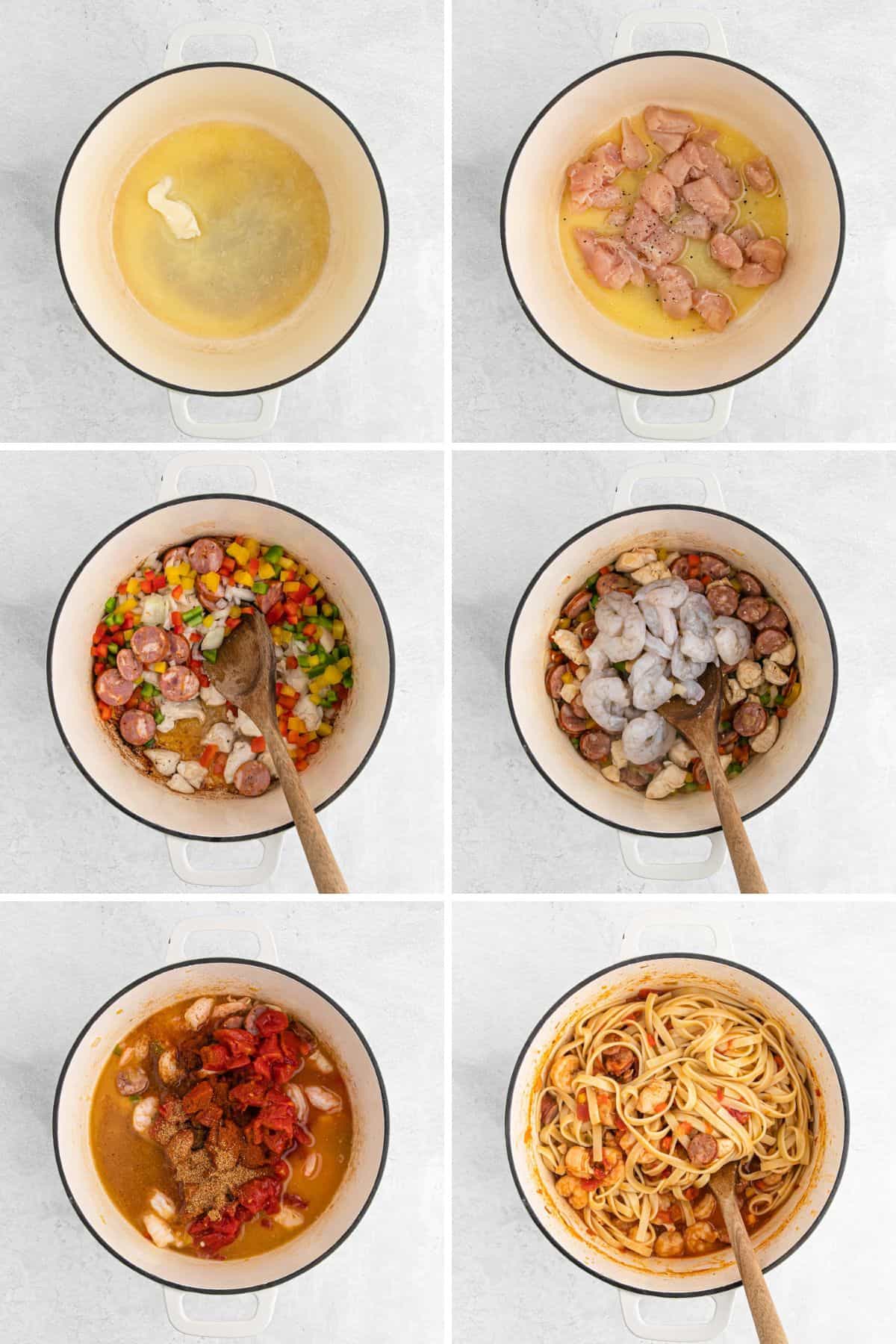 A collage of images for making cajun jambalaya pasta.