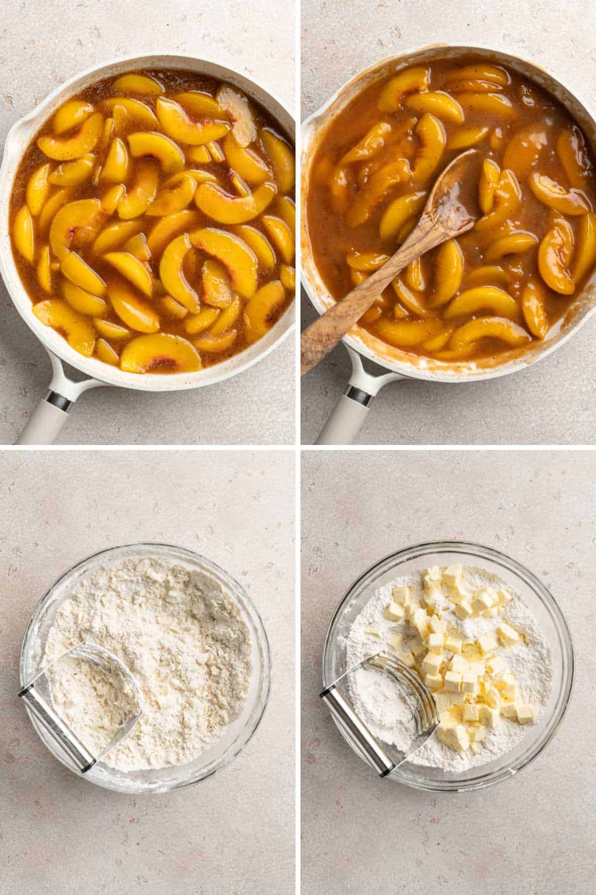 Collage of images including cooking the peaches in syrup and making the pie crust for the cobbler.