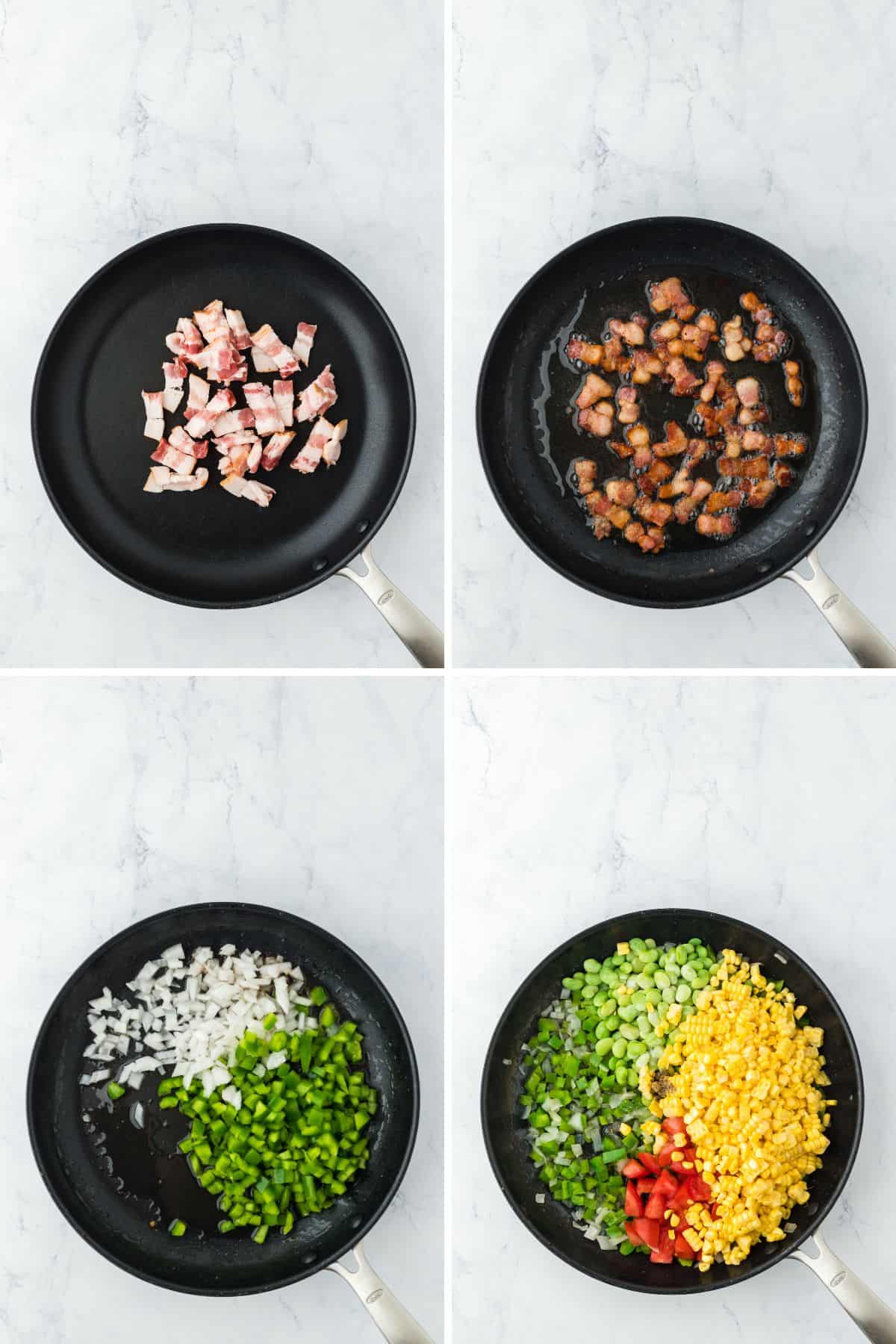 A collage of bacon bits cooking in a pan until crispy then peppers and onions in a pan before adding in corn, beans and much more to make a succotash recipe
