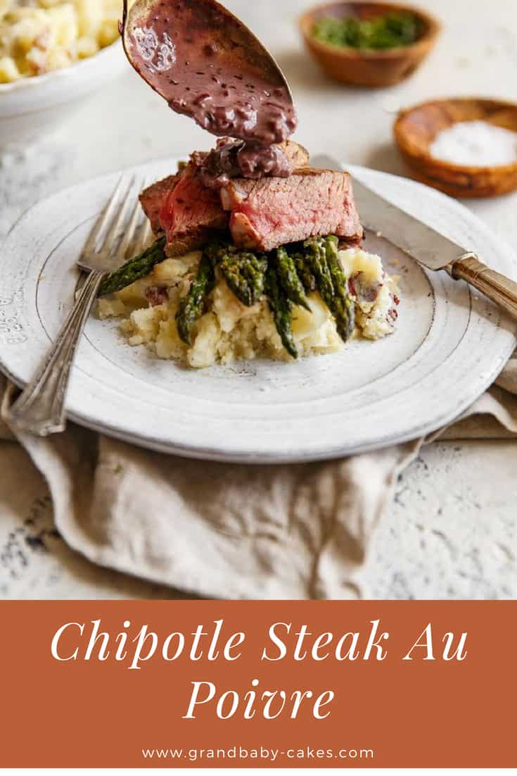 Chipotle Steak Au Poivre- A classic with a spicy twist. Ribeye gets marinated in a smoky chipotle paste, grilled to perfection then topped with a savory and creamy wine sauce. Chipotle Steak Au Poivre- A classic with a spicy twist. Ribeye gets marinated in a smoky chipotle paste, grilled to perfection then topped with a savory and creamy wine sauce.