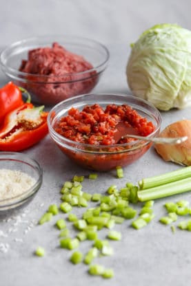 Some of the ingredients for this Cabbage Rolls Recipe including a head of cabbage, onions, peppers and tomato paste all on a gray background