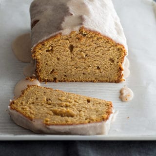 Slices of Sweet Potato Pound Cake recipe against white plate