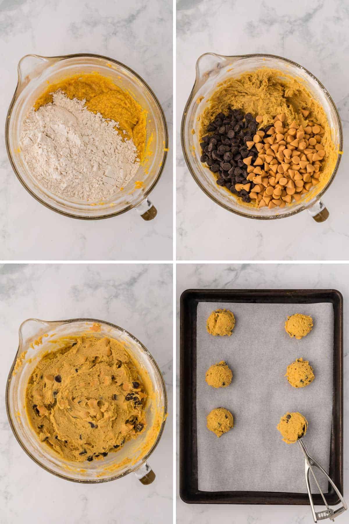 A collage finishing mixing the cookies and scooped onto a pan.