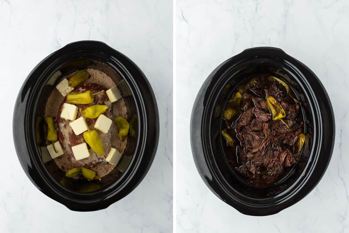 A collage of a chuck roast in a slow cooker with butter and peppers and a finished slow cooker mississippi pot roast shredded and ready to serve