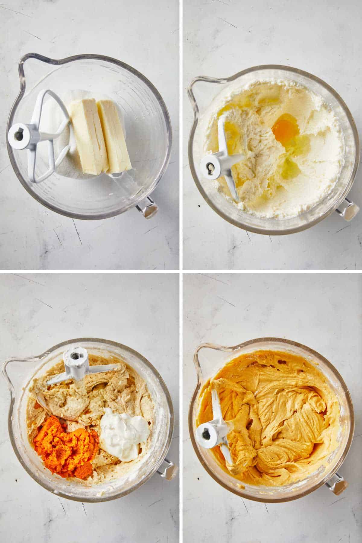 A collage showing the mixing ingredients to make a pumpkin pound cake.