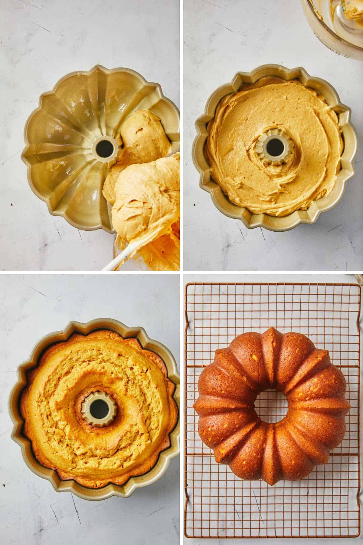 A collage of images from pouring the pumpkin cake batter into a bundt pan to after it's finished cooking and flipped onto a rack.