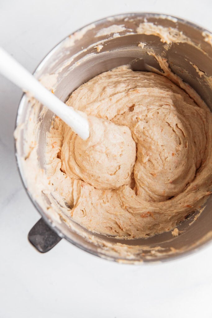 Completed sweet potato coffee cake batter in stand mixer bowl