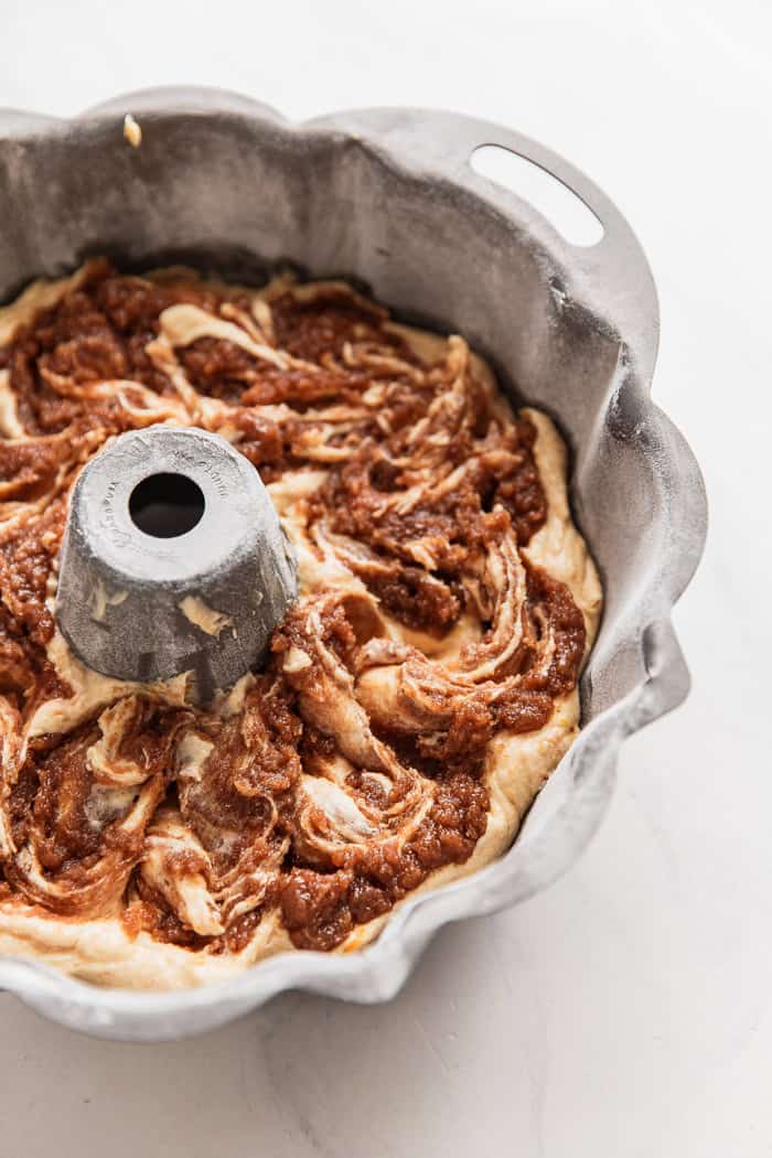Cinnamon Swirl in Sweet Potato Cake battered bundt pan before baking