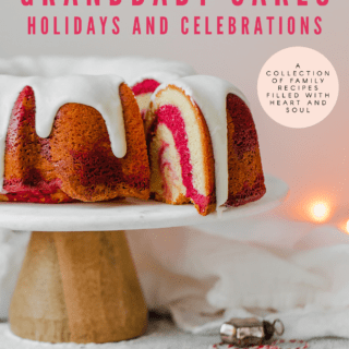 A sliced red velvet marble cake on a cake stand - Grandbaby Cakes Holidays and Celebrations Cookbook Cover
