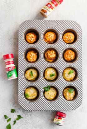 Overhead shot of Baked Sweet Potato and Yukon Gold potato stacks baked in muffin pan
