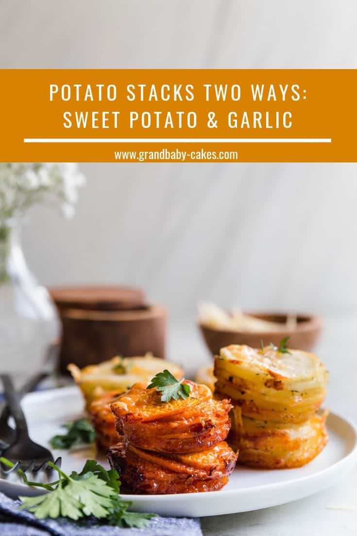 Easy Sweet Potato Stacks and Yukon Gold Garlic Potato Stacks filled with incredible spices and cheese flavor baked in the same muffin pan creating easy entertaining assistance for the holidays! #recipe #potatoes #sidedish #thanksgiving Easy Sweet Potato Stacks and Yukon Gold Garlic Potato Stacks filled with incredible spices and cheese flavor baked in the same muffin pan creating easy entertaining assistance for the holidays! #recipe #potatoes #sidedish #thanksgiving