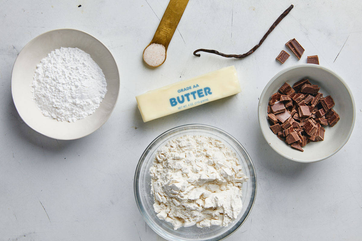 Ingredients to make this shortbread cookie recipe on the table before mixing.