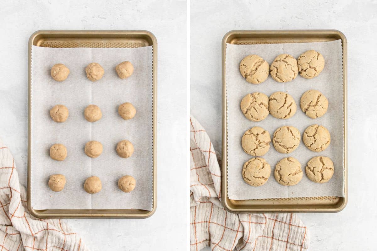 A collage of an image of cookie dough balls on a tray and then after baking.