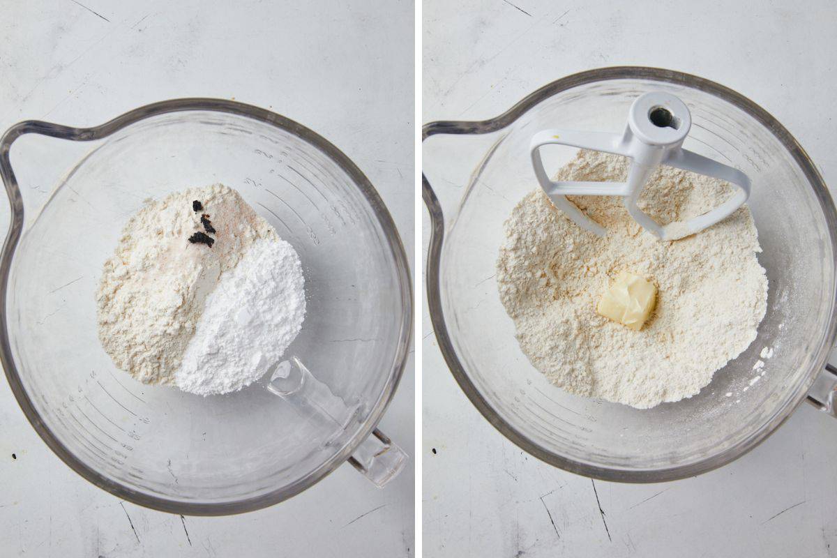 Collage of two images showing the dry ingredients in a bowl and then the butter added.