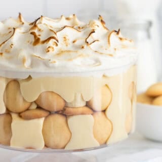 A close up of Southern banana pudding recipe in a trifle bowl