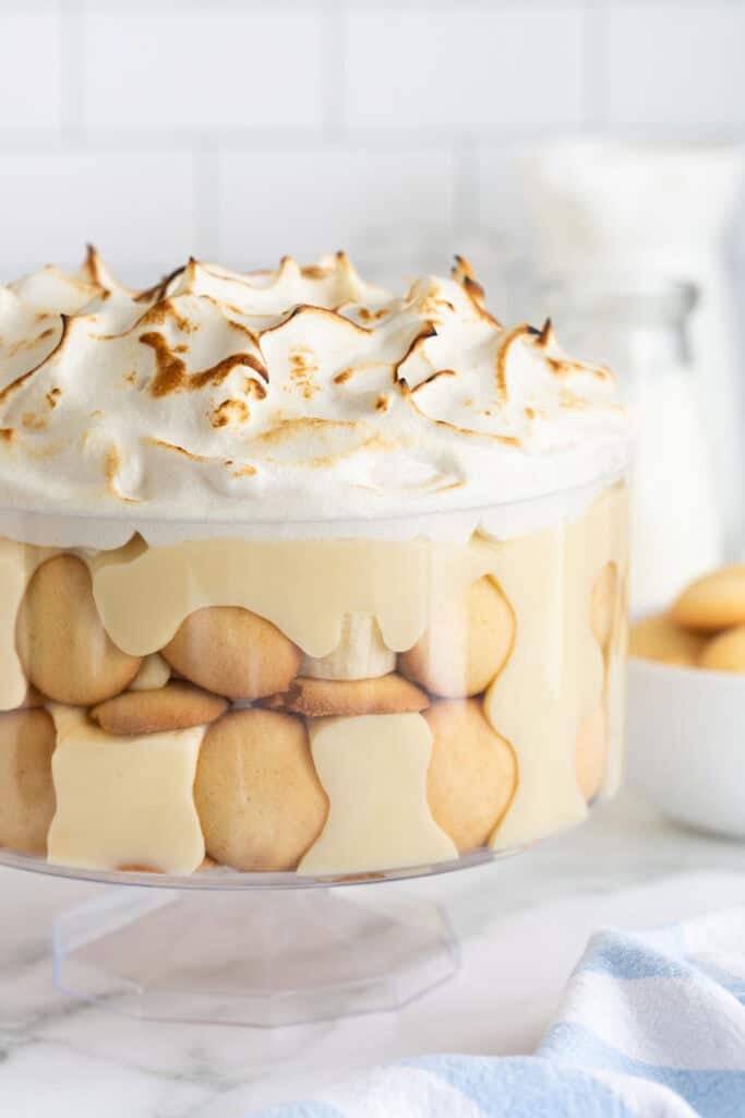 A close up of Southern banana pudding recipe in a trifle bowl