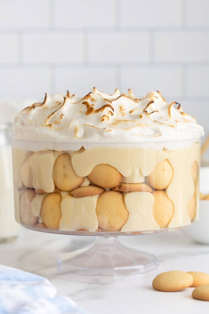 A full trifle bowl of Southern banana pudding recipe ready to enjoy with nilla wafers on the side