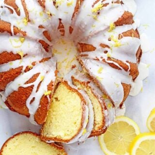 Overhead of lemon pound cake with slices cut.