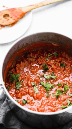 Big pot of Italian spaghetti sauce recipe against white background