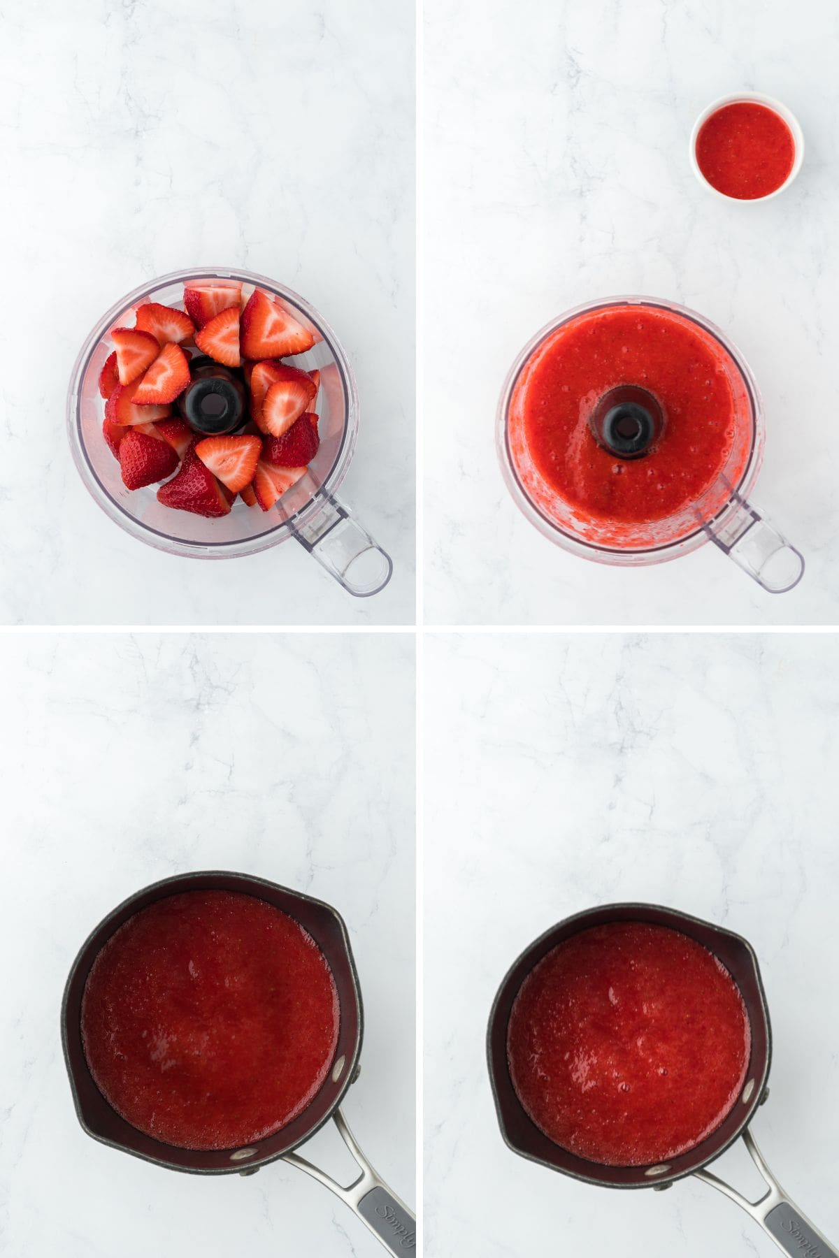 A collage of strawberry puree being made with fresh strawberries being added to a food processor then being thickened on the stove