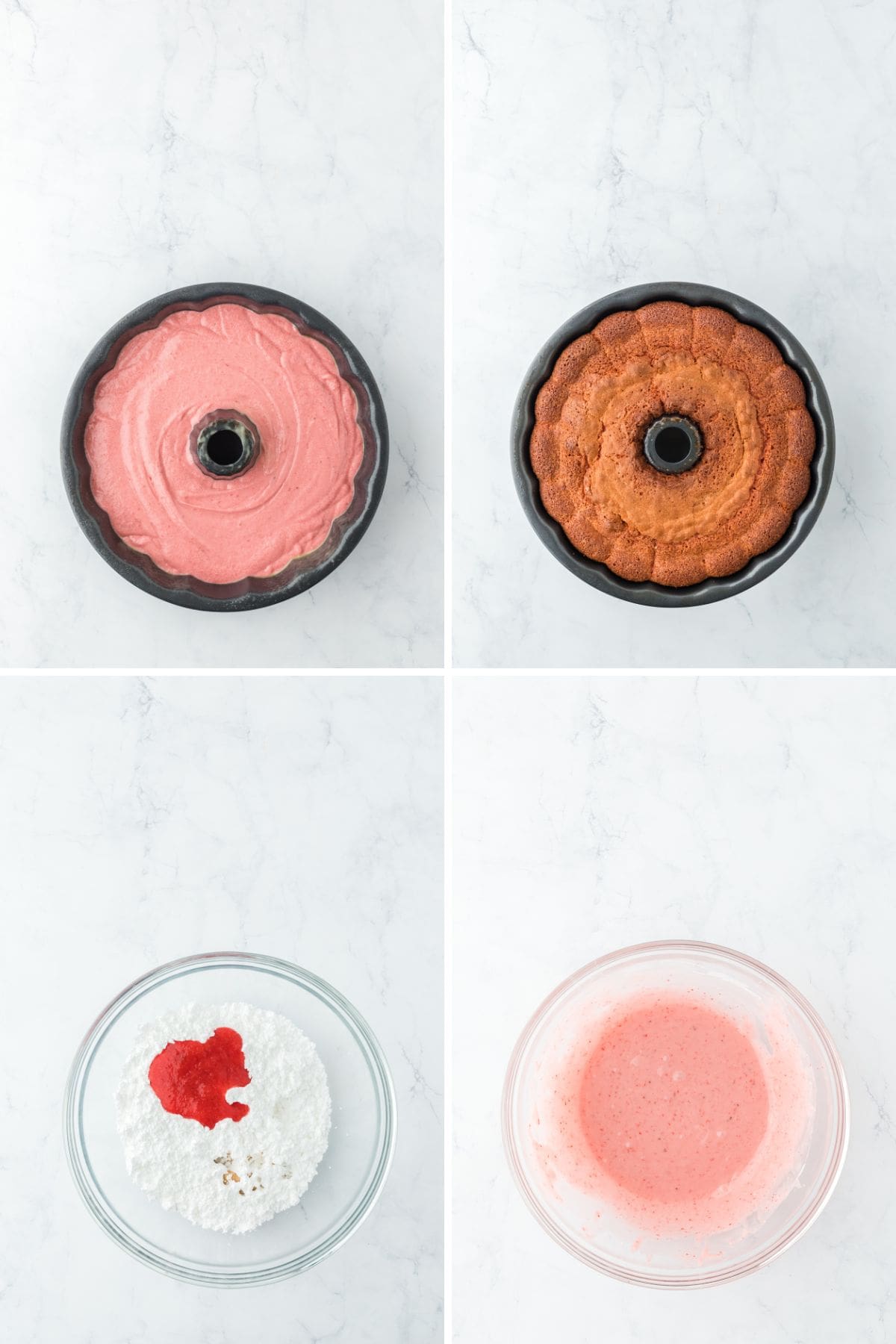 A collage of a strawberry pound cake recipe being added to a bundt pan then baked and a strawberry glaze being mixed up