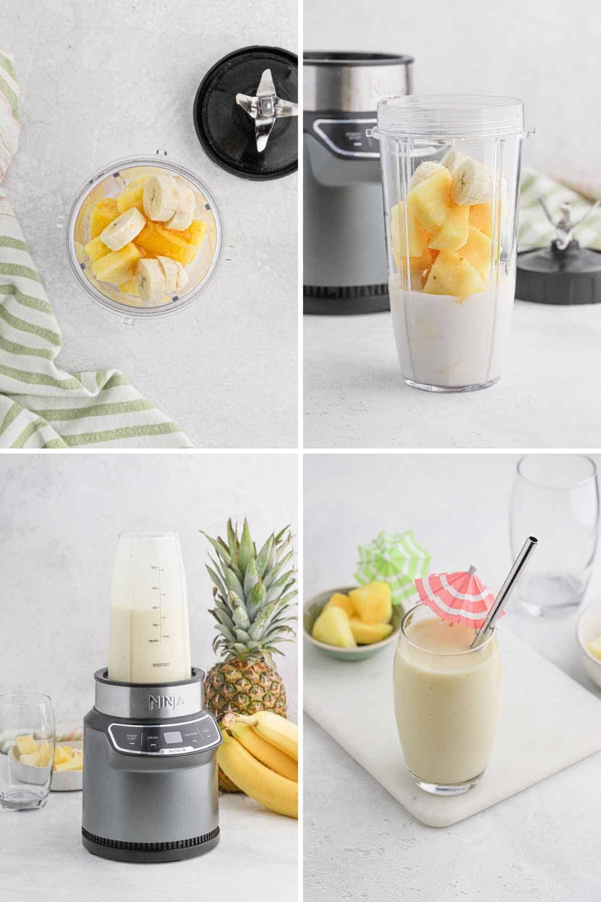 A picture collage showing the main steps in making a pineapple smoothie.
