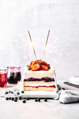 The best icebox cake recipe against white background with sparklers for Fourth of July