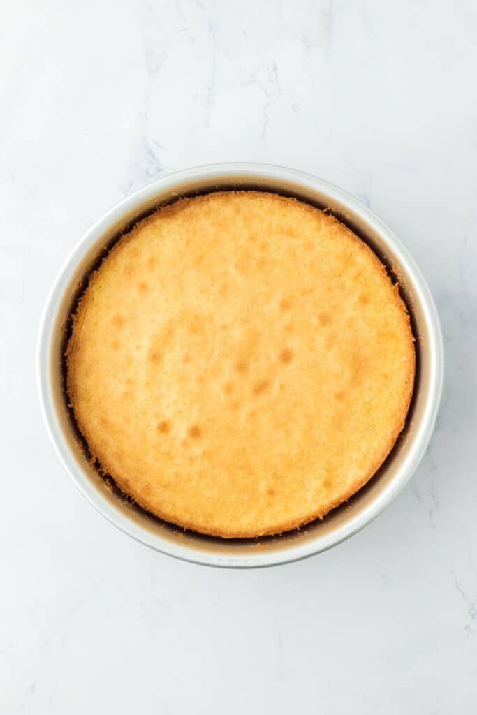 A baked cake layer in a round cake pan