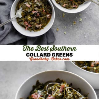 A collage of collard greens in white bowls with cornbread ready to serve