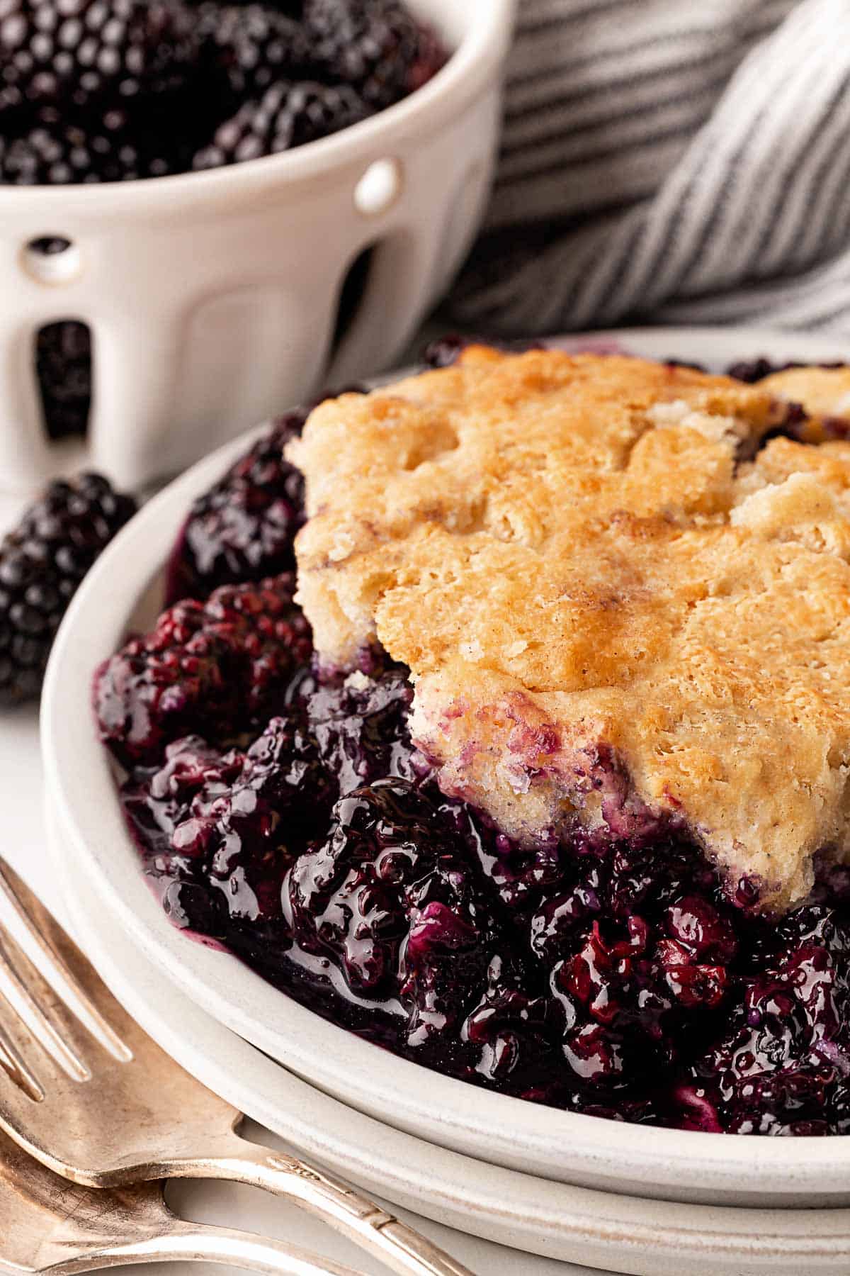 Serving of blackberry cobbler on a white plate with juicy berries