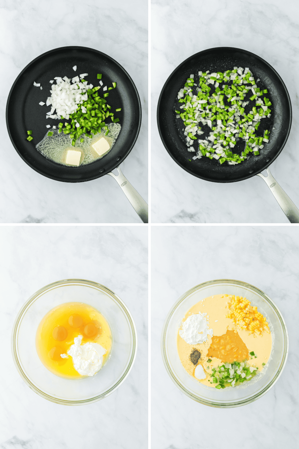 A collage of Veggies being cooked in butter in a pan until tender then a mixing bowl with corn and ingredients to make a pudding on a white background