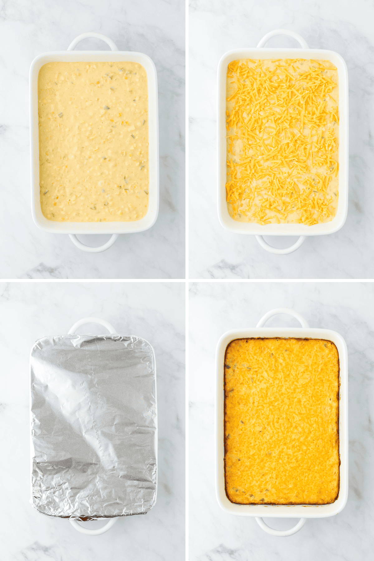A collage of corn pudding recipe before and after being baked on a white background